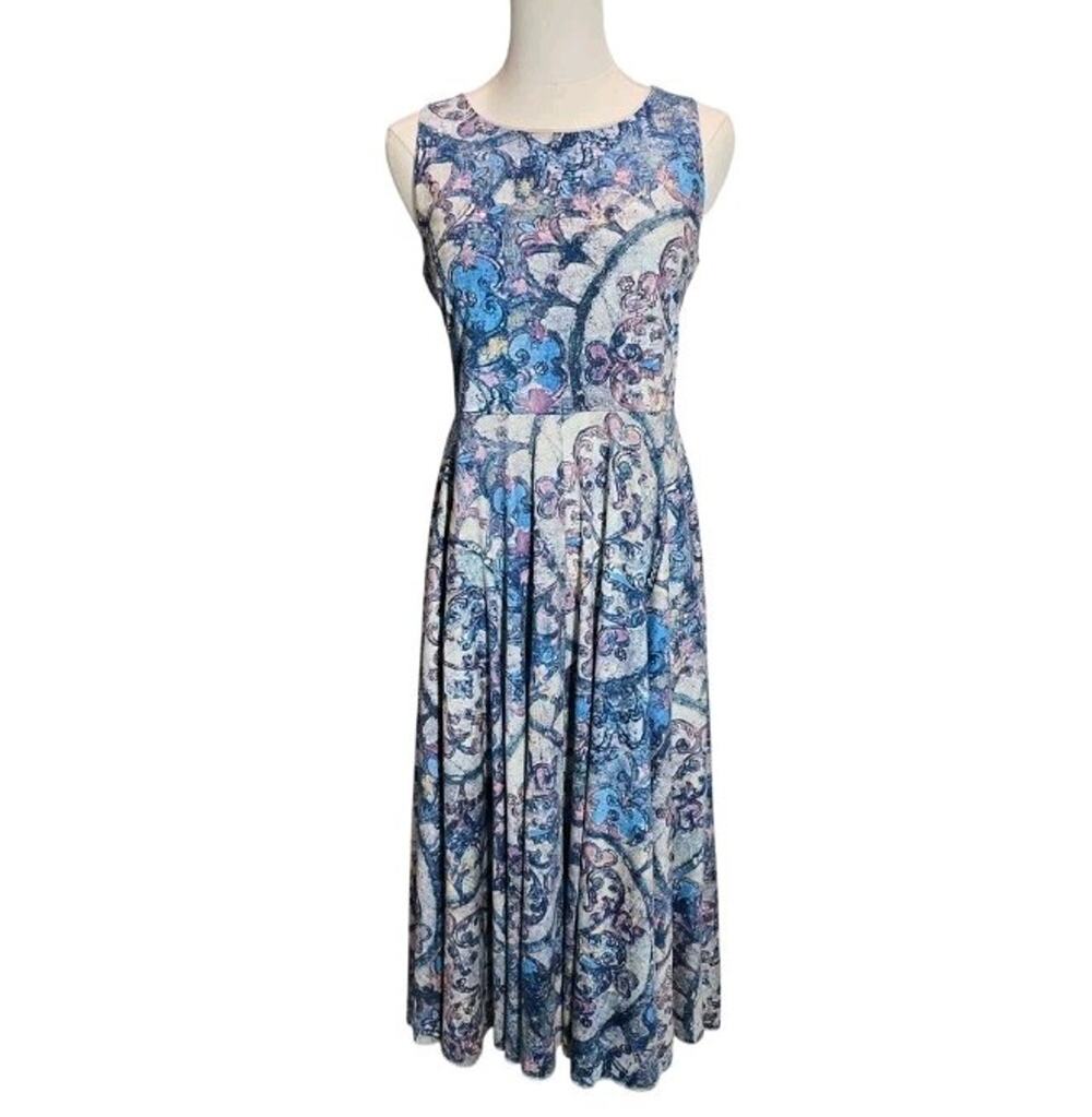 PERUVIAN CONNECTION Oujda Pima Cotton Tank Dress Blue Tile Mosaic Print Small S